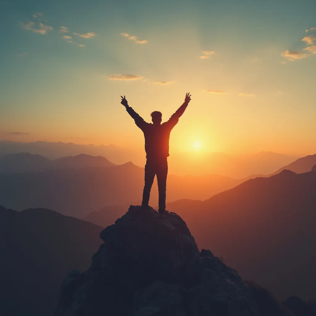 Personne souriante regardant un lever de soleil au sommet d'une montagne